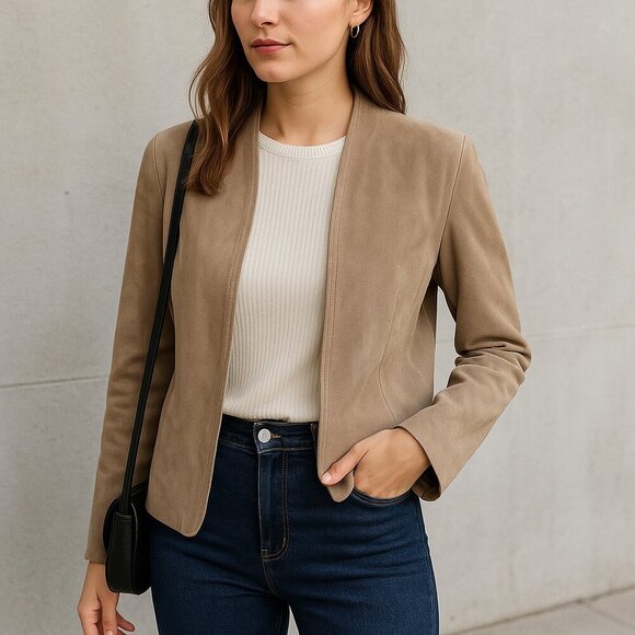 Vintage leather suede tan jordache open front blazer jacket - Picture 1 of 12